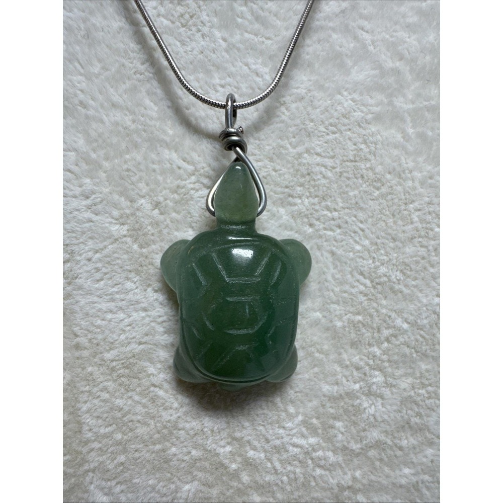 Green Stone Turtle Pendant Silver Tone Wire Wrap On 16" Sterling Chain Italy‎